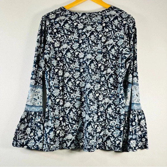 Lucky Brand Blue Floral Bohemian Bell Sleeve Modal Blend V-Neck Blouse Top - Picture 3 of 6
